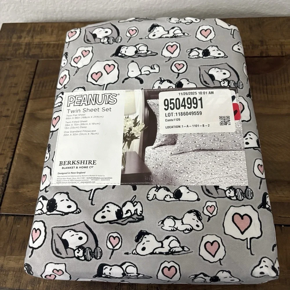 Berkshire‎ Peanuts Valentines Day Gray White Twin Sheet Set Pink Hearts New